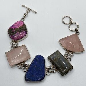 Huge Sterling Rose Quartz Labradorite Lapis Rhodonite Gemstone Bracelet 8” - 9”